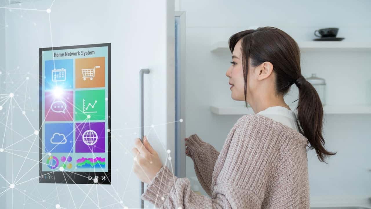 Smart refrigerator concept. asian woman white sweater smart fridge connected smart home appliance wellness health
