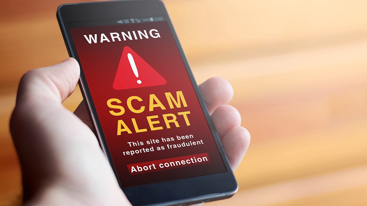 Closeup of male hand holding modern mobile phone with red screen and warning icon with the text "SCAM ALERT: This site has been reported as fraudulent. Abort connection". Concept of internet security.