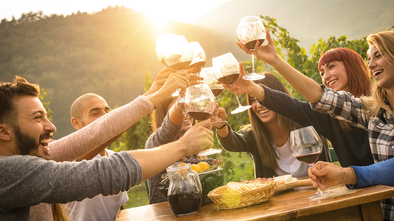 Happy friends having fun outdoor - Young people enjoying harvest time together outside at farm house vineyard countryside - Youth friendship concept - Hand toasting wine glass at winery on fall sunset