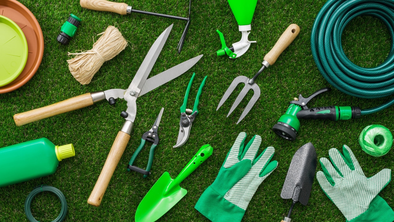 Gardening tools and utensils on a lush green meadow, 